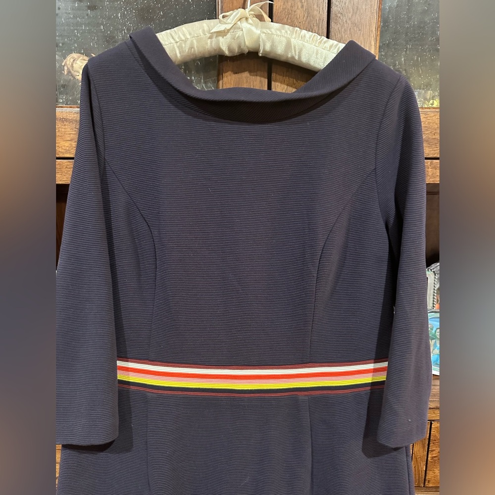 BODEN 🌼 Daisy Ottoman Rainbow Stripe Navy Blue Knit Sheath Dress Womens Sz 18L - Picture 6 of 12